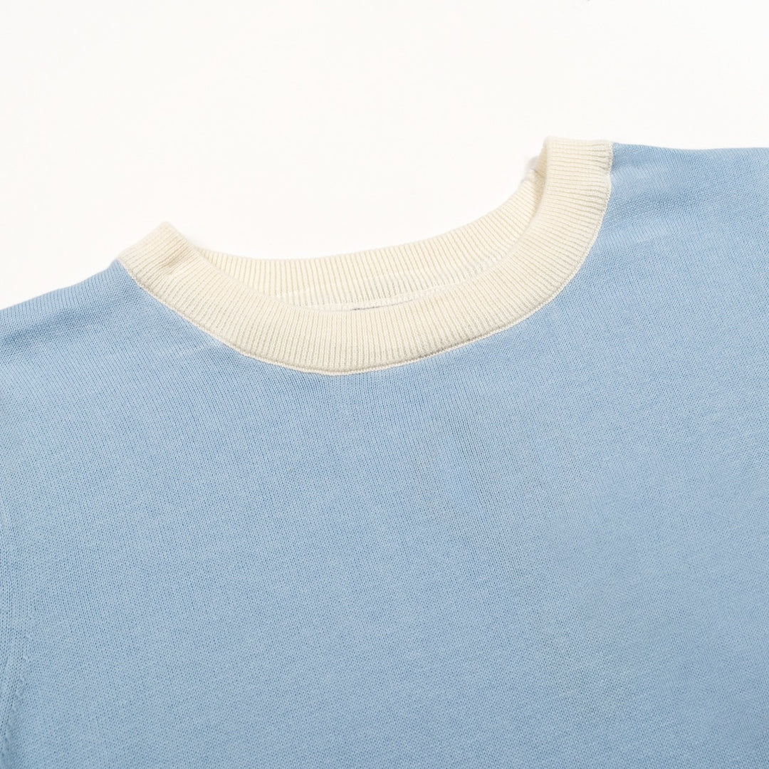 Women's Light Blue 70s Fresh Striped Jacquard Crew Neck Knit T-Shirt