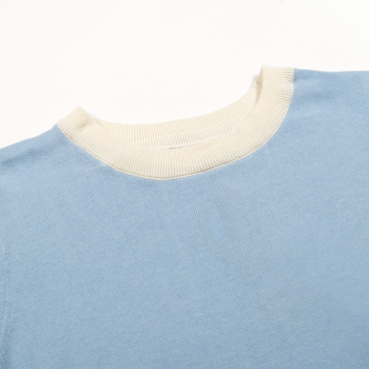 Women's Light Blue 70s Fresh Striped Jacquard Crew Neck Knit T-Shirt