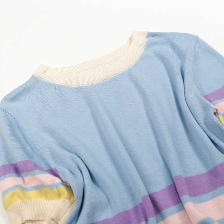 Women's Light Blue 70s Fresh Striped Jacquard Crew Neck Knit T-Shirt