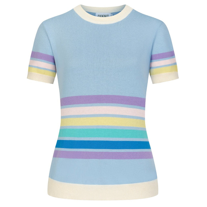 Women's Light Blue 70s Fresh Striped Jacquard Crew Neck Knit T-Shirt