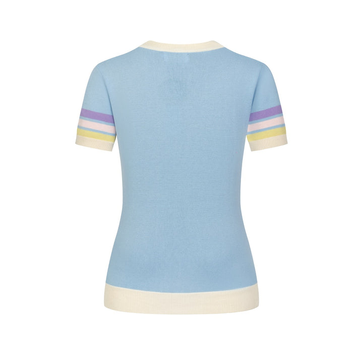 Women's Light Blue 70s Fresh Striped Jacquard Crew Neck Knit T-Shirt