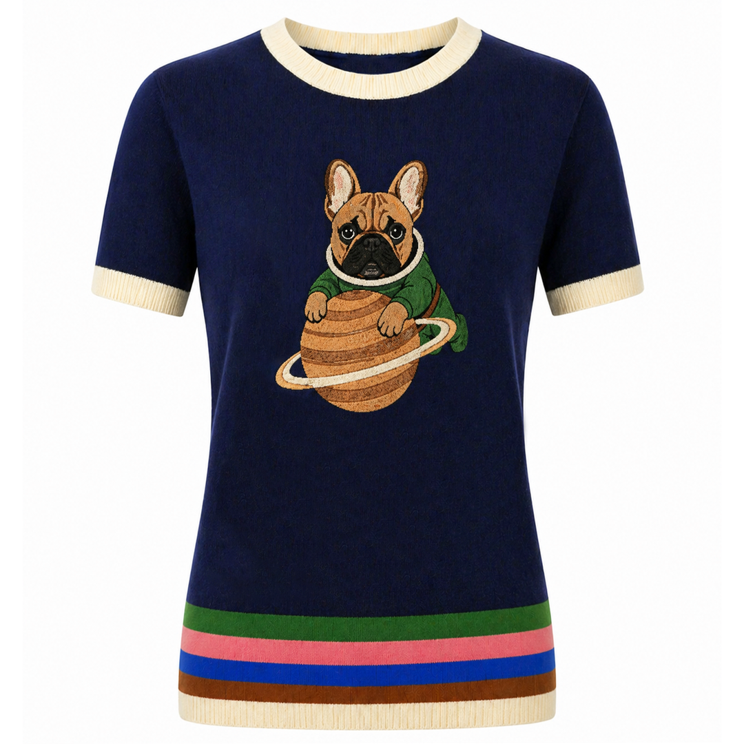 Svart fågelkonst Jacquard Stickad T-shirt för kvinnor