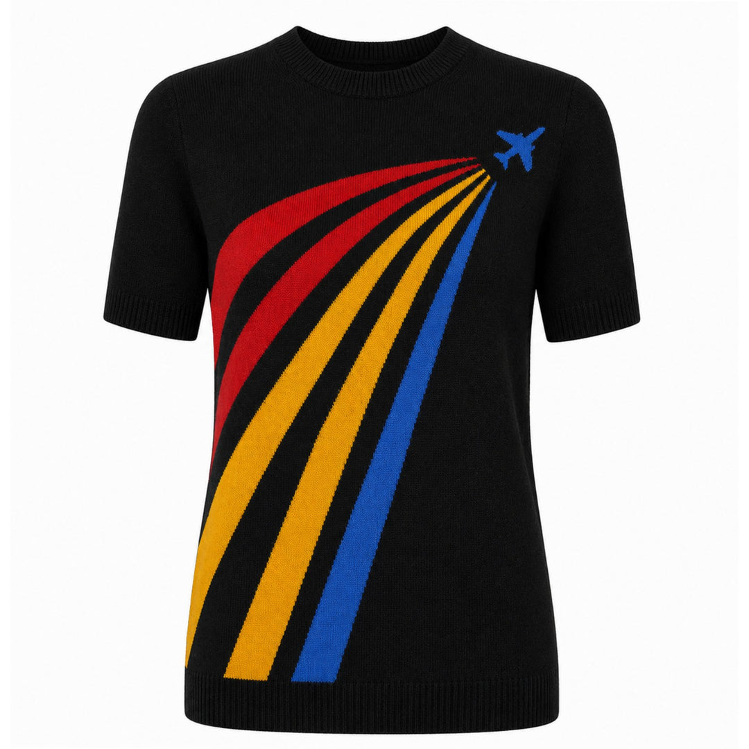 Svart fågelkonst Jacquard Stickad T-shirt för kvinnor