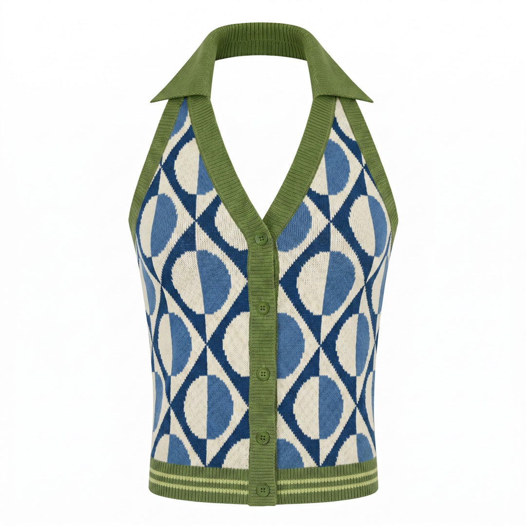 Dames 60s Geometrische Pop Art Moderne Stijl Halter Gebreide Top