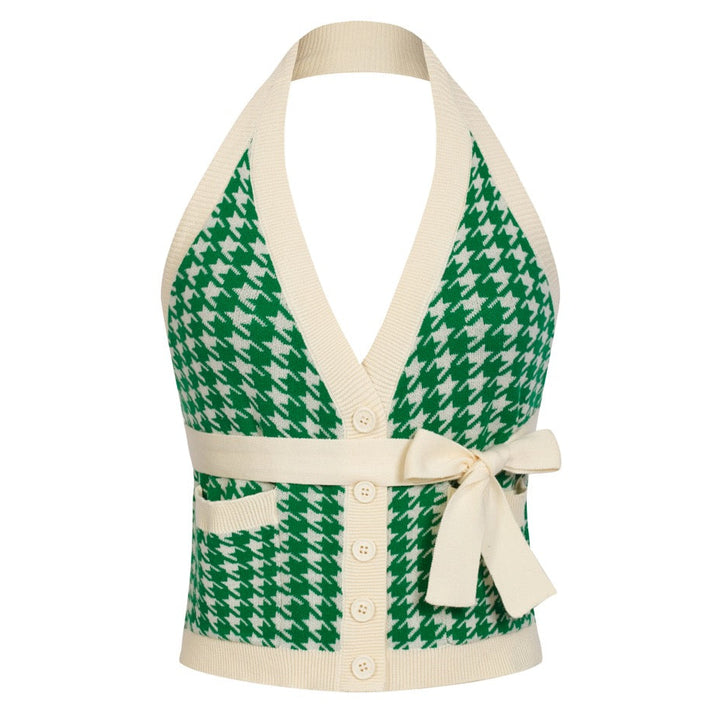 Women's 60s Green Houndstooth Jacquard Halter Knit Vest