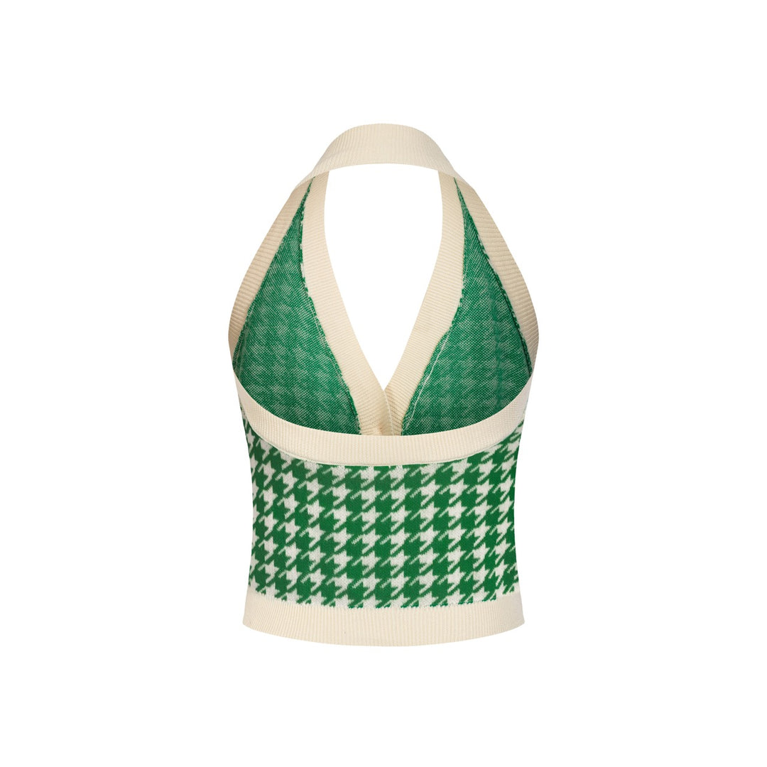 Women's 60s Green Houndstooth Jacquard Halter Knit Vest