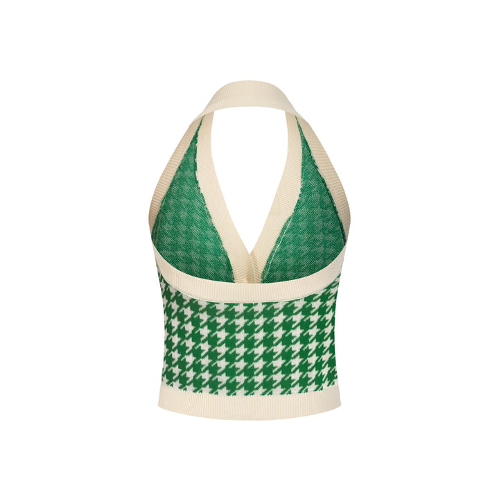 Women's 60s Green Houndstooth Jacquard Halter Knit Vest