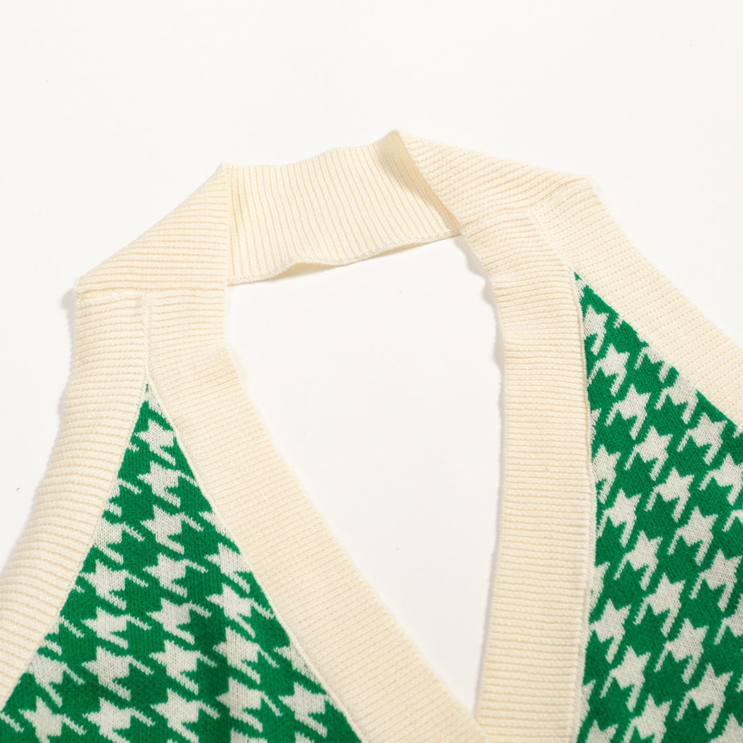 Women's 60s Green Houndstooth Jacquard Halter Knit Vest