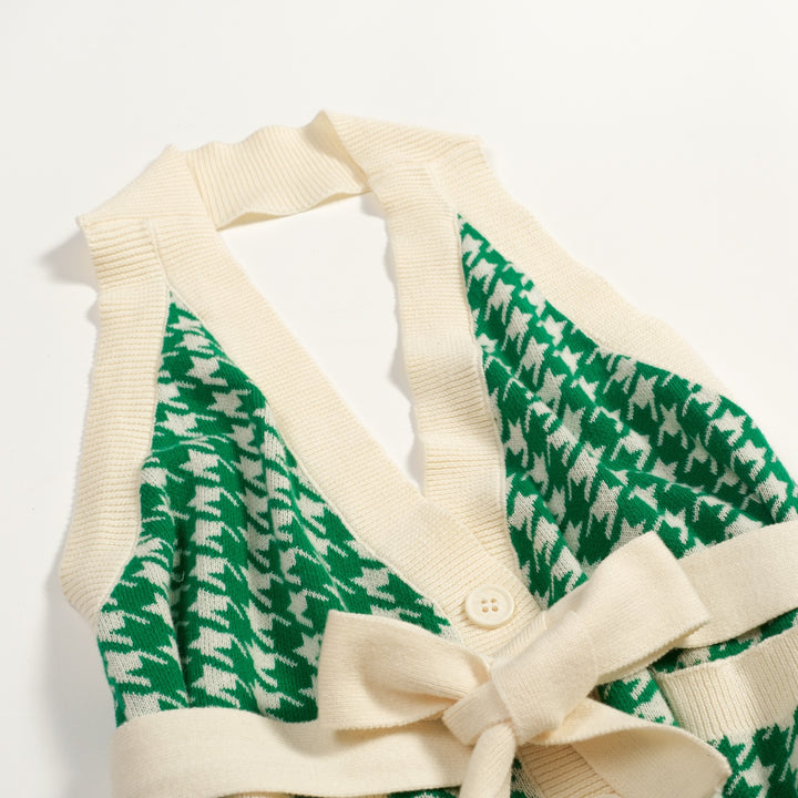 Women's 60s Green Houndstooth Jacquard Halter Knit Vest