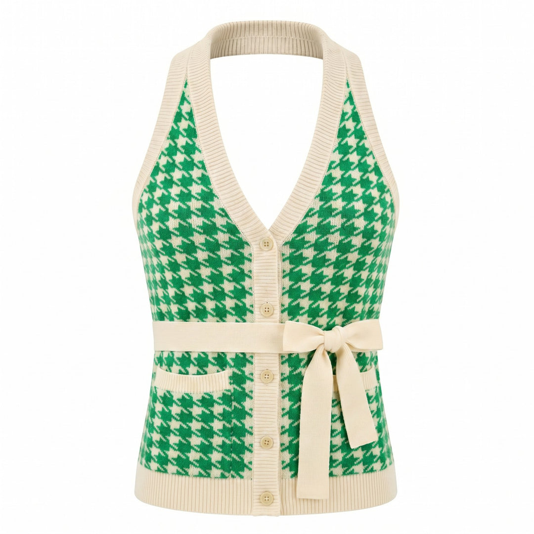 Dames 60s Groene Houndstooth Jacquard Halter Gebreide Bodywarmer