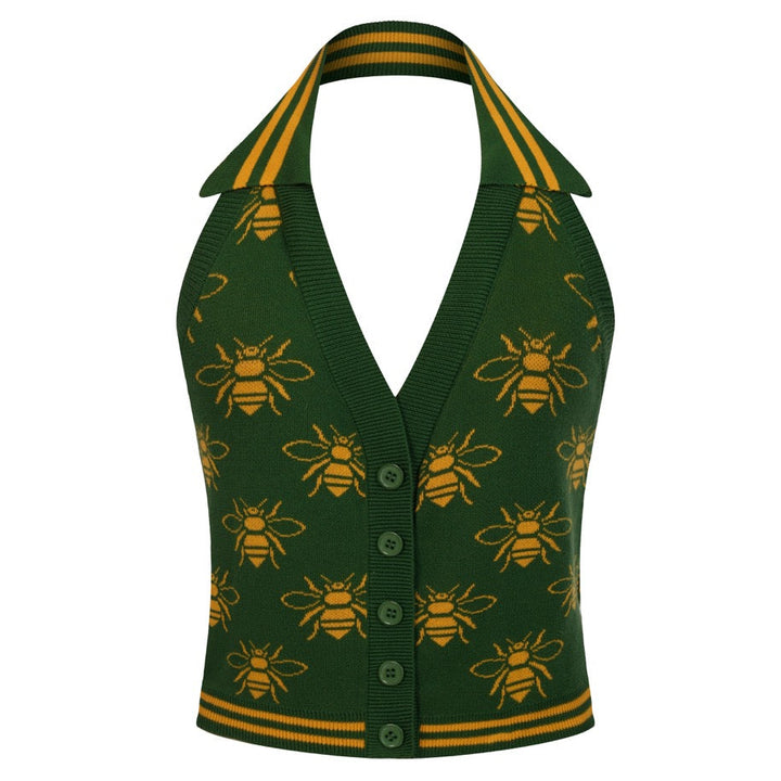 Groene 70s Bijen Jacquard Halter Gebreid Vest voor Dames