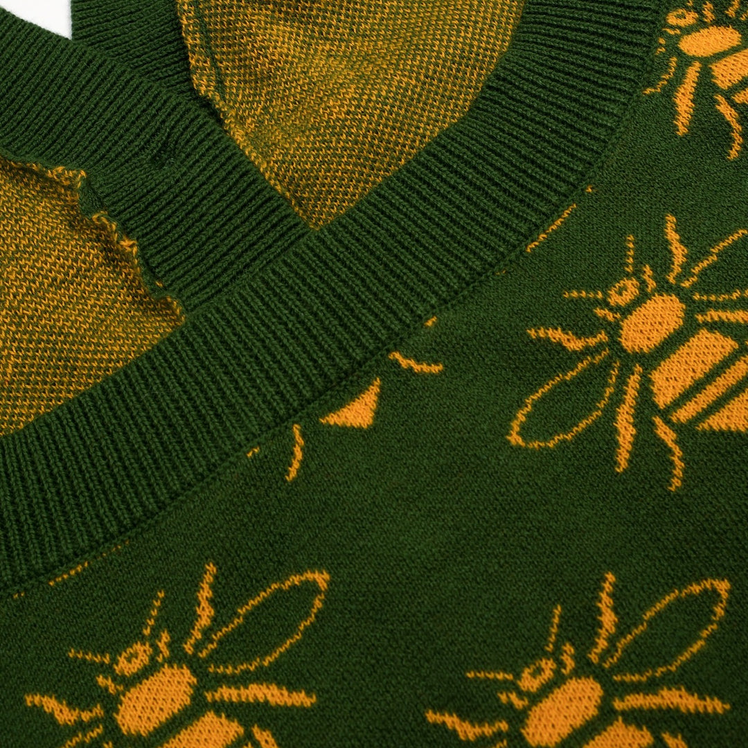 Groene 70s Bijen Jacquard Halter Gebreid Vest voor Dames