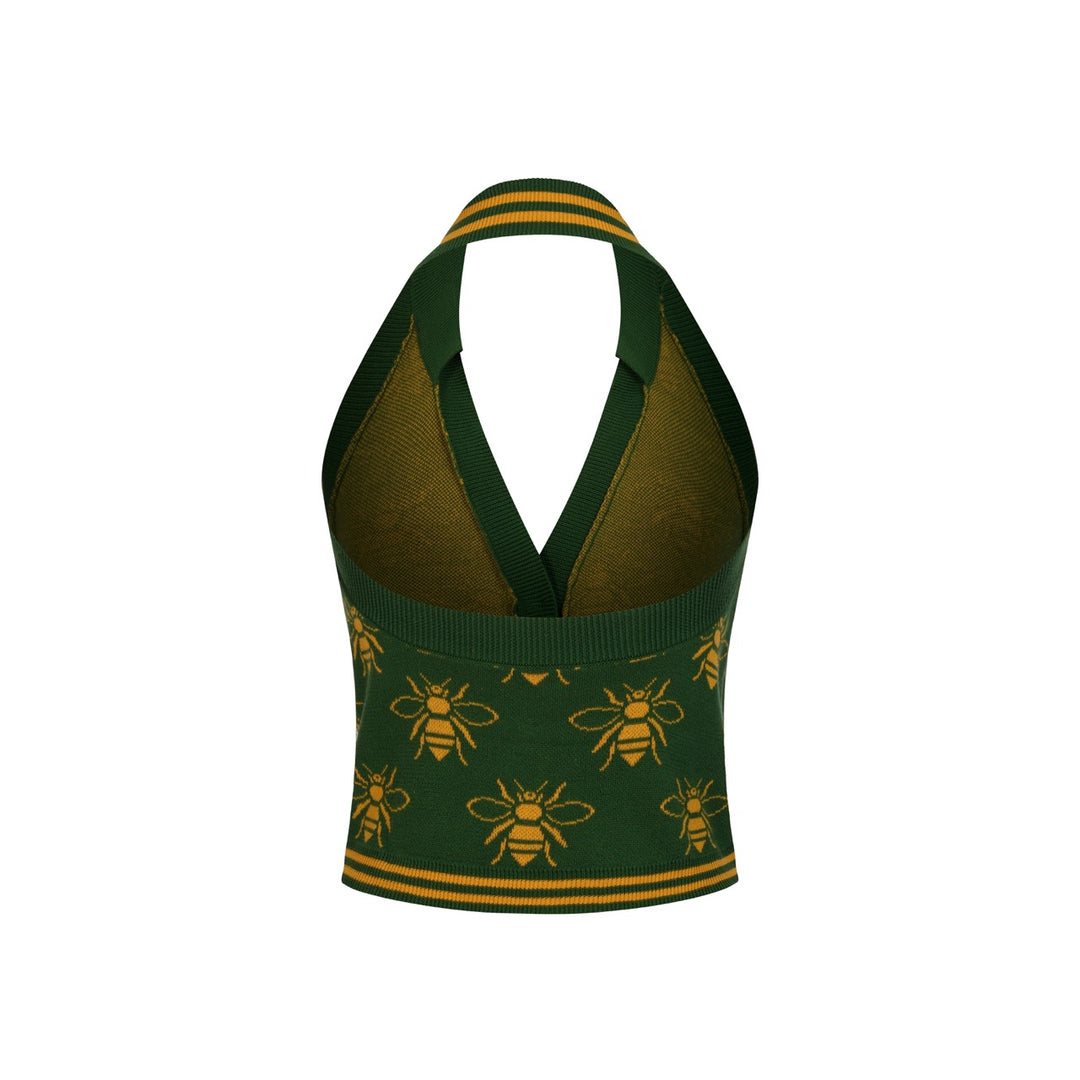 Groene 70s Bijen Jacquard Halter Gebreid Vest voor Dames