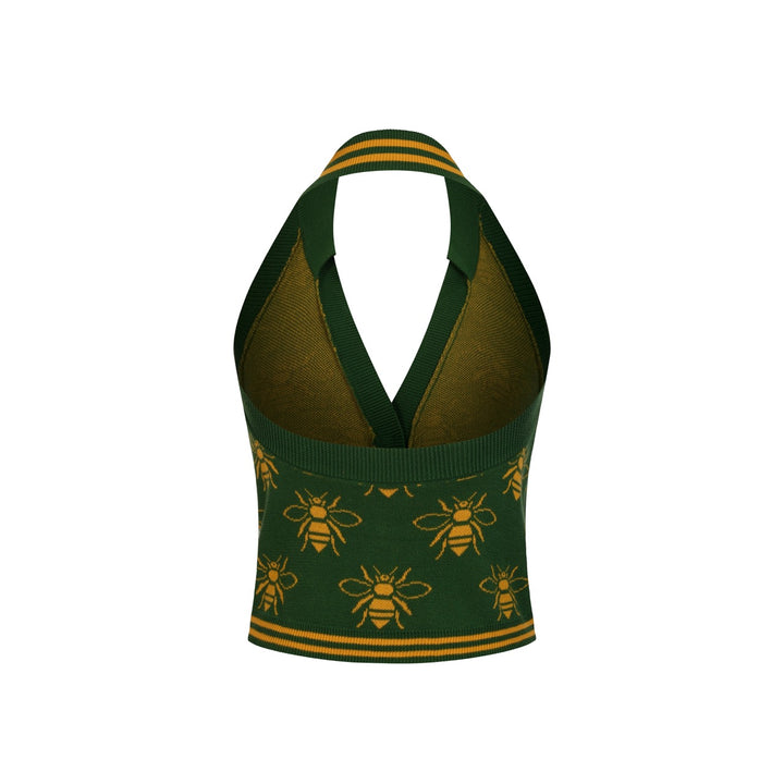 Groene 70s Bijen Jacquard Halter Gebreid Vest voor Dames
