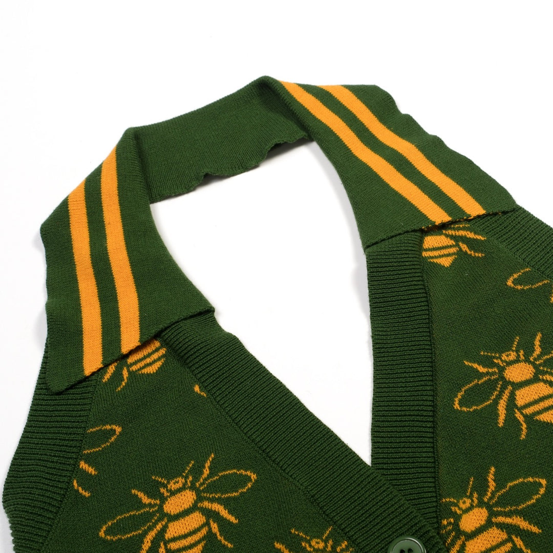 Groene 70s Bijen Jacquard Halter Gebreid Vest voor Dames