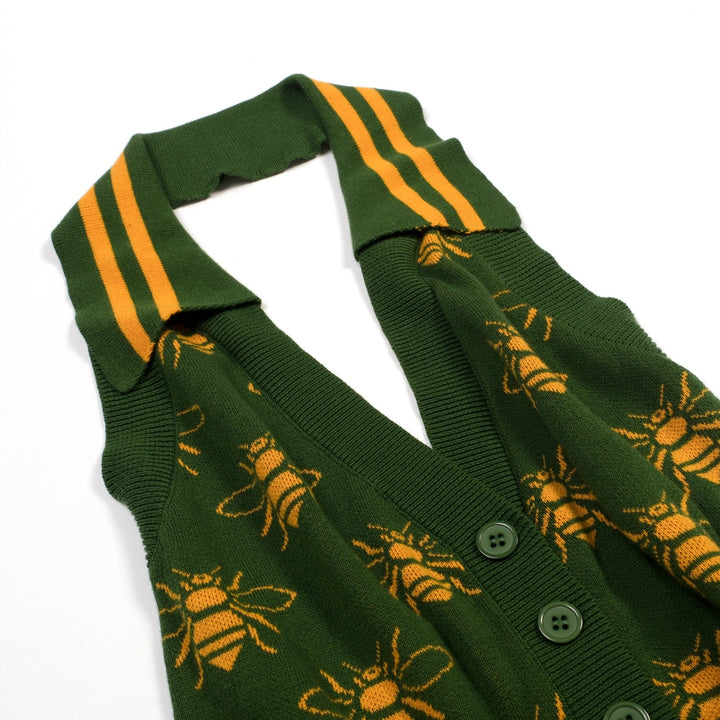 Groene 70s Bijen Jacquard Halter Gebreid Vest voor Dames