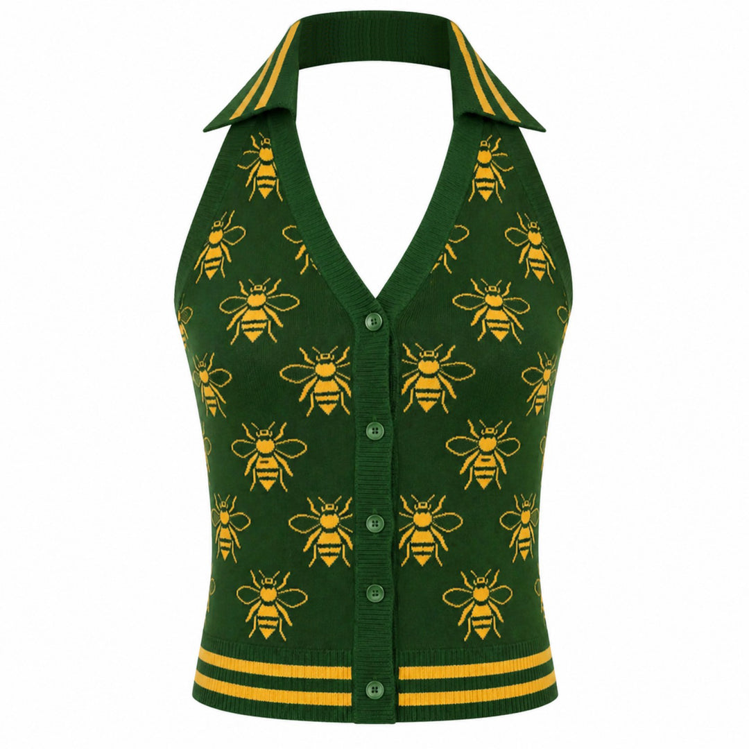 Groene 70s Bijen Jacquard Halter Gebreid Vest voor Dames