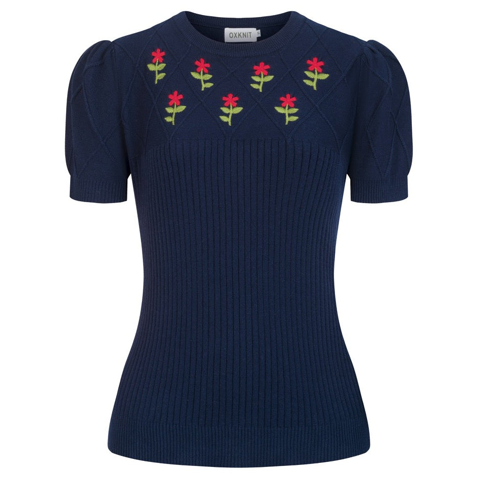 Women's Dark Blue Retro Floral Embroidered Knit T-Shirt