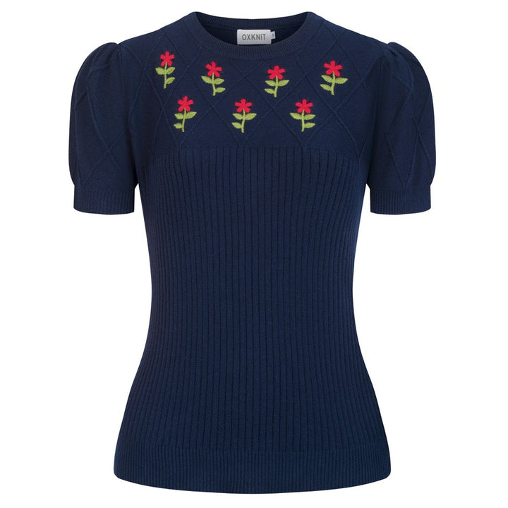 Women's Dark Blue Retro Floral Embroidered Knit T-Shirt