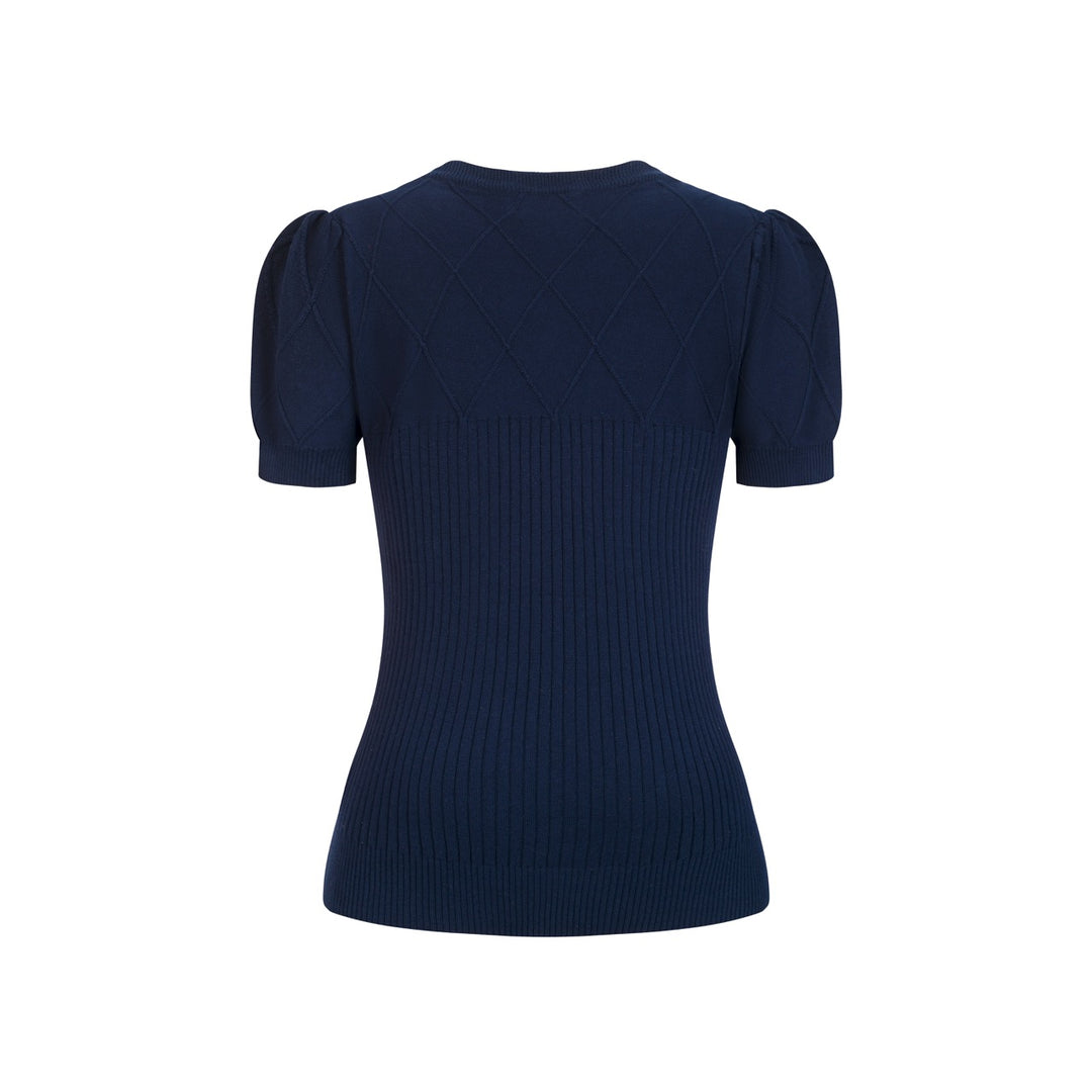 Women's Dark Blue Retro Floral Embroidered Knit T-Shirt
