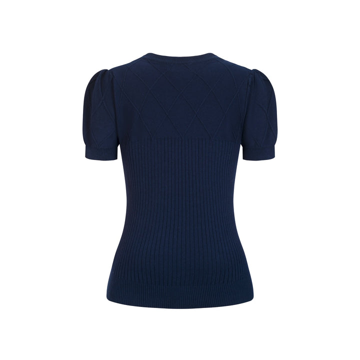 Women's Dark Blue Retro Floral Embroidered Knit T-Shirt