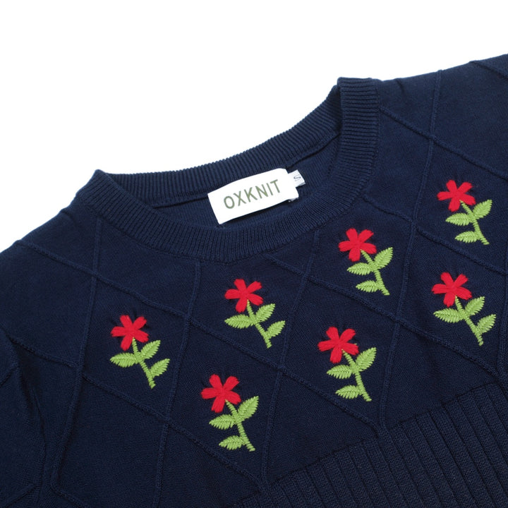 Women's Dark Blue Retro Floral Embroidered Knit T-Shirt