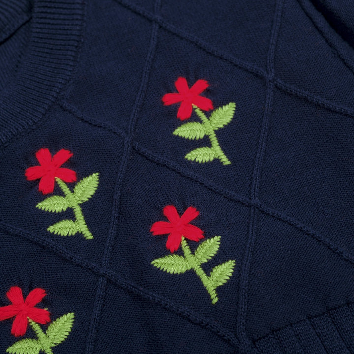 Women's Dark Blue Retro Floral Embroidered Knit T-Shirt