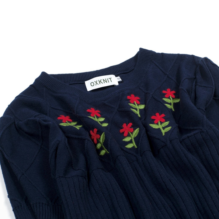 Women's Dark Blue Retro Floral Embroidered Knit T-Shirt