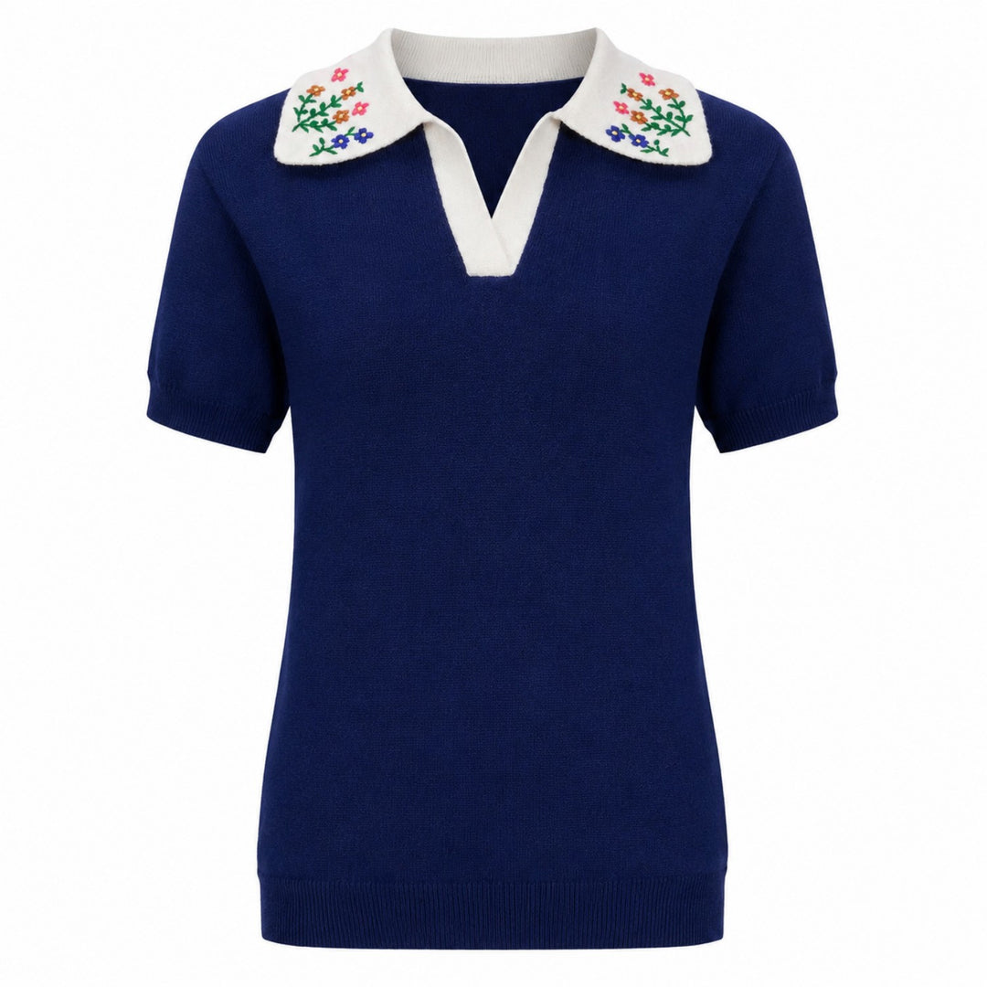 Svart fågelkonst Jacquard Stickad T-shirt för kvinnor