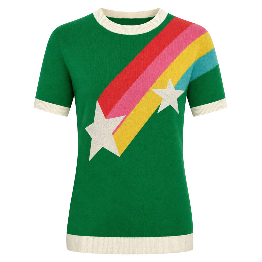 Dames Groene 70s Retro Cosmic Pop Stijl Gebreid T-Shirt