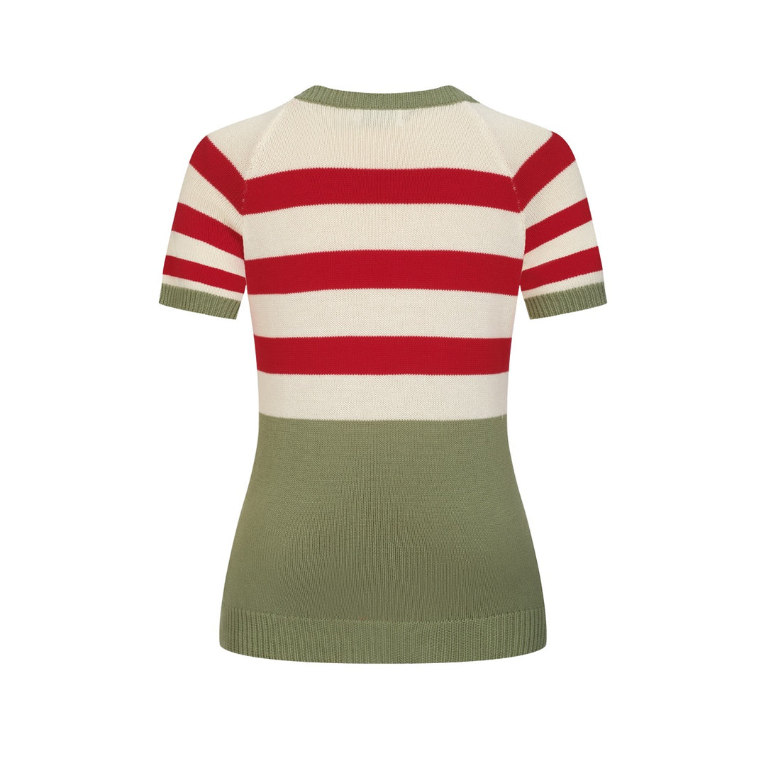 Dame Grøn Retro Pastoral Broderet Strikket T-shirt