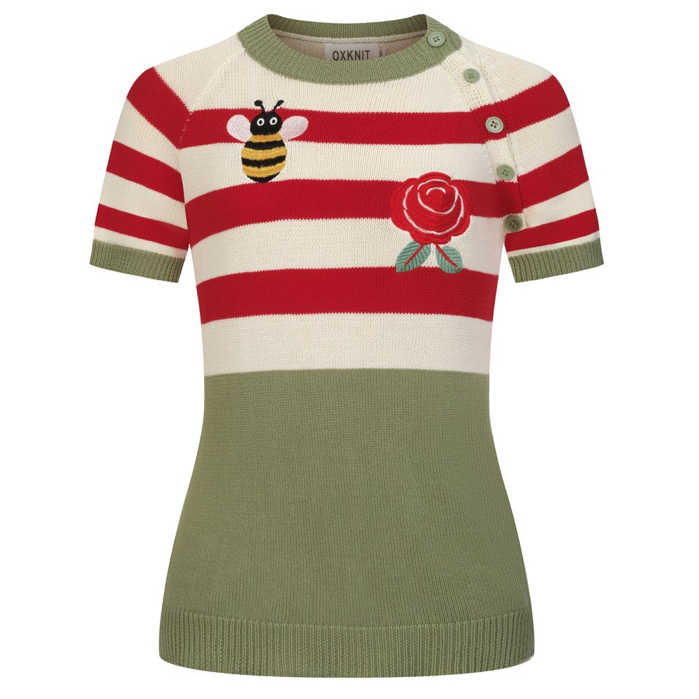 Dame Grøn Retro Pastoral Broderet Strikket T-shirt