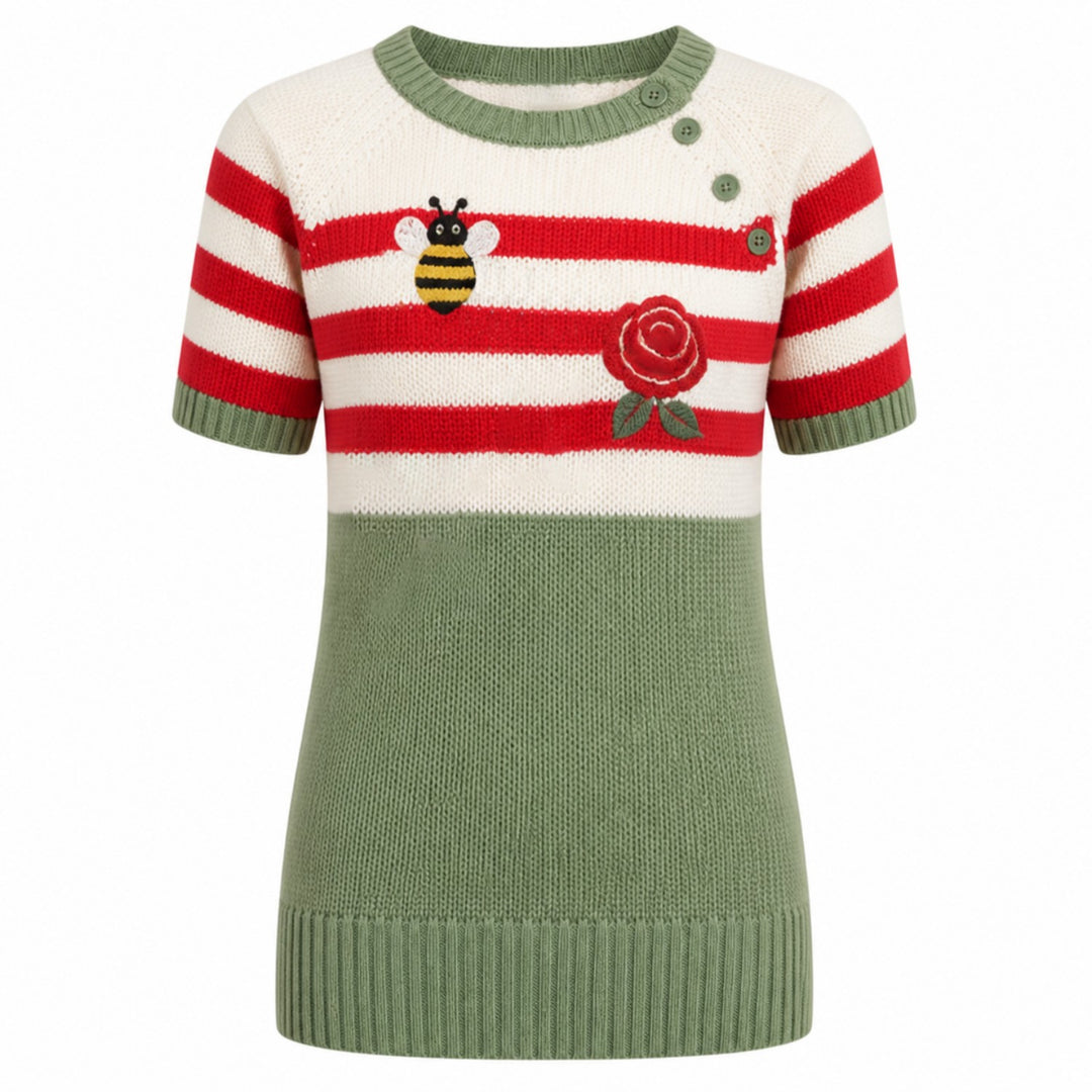 Svart fågelkonst Jacquard Stickad T-shirt för kvinnor