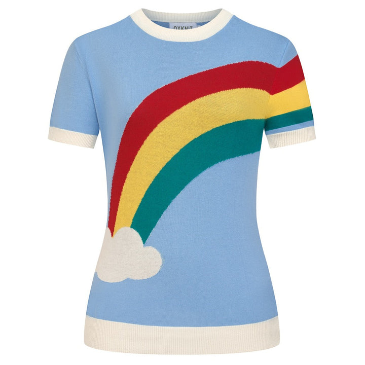 Women's Blue 70s Playful Rainbow Jacquard Knit T-Shirt