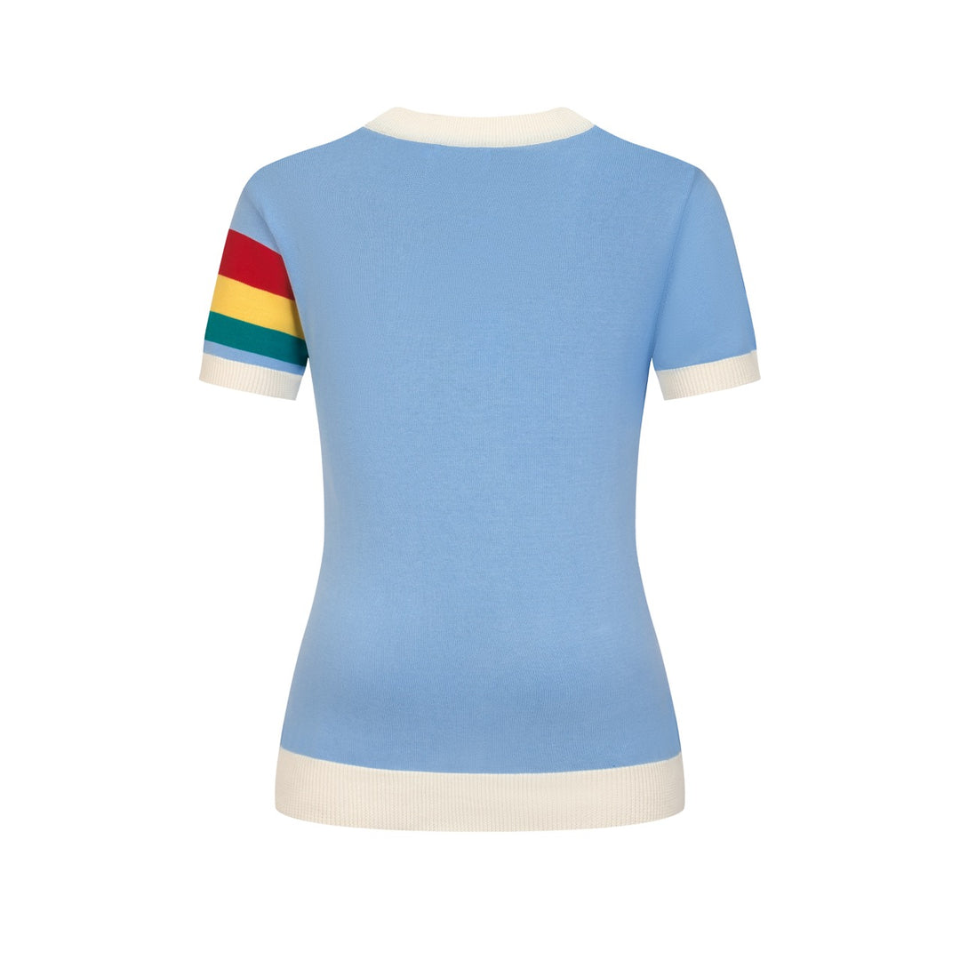Women's Blue 70s Playful Rainbow Jacquard Knit T-Shirt