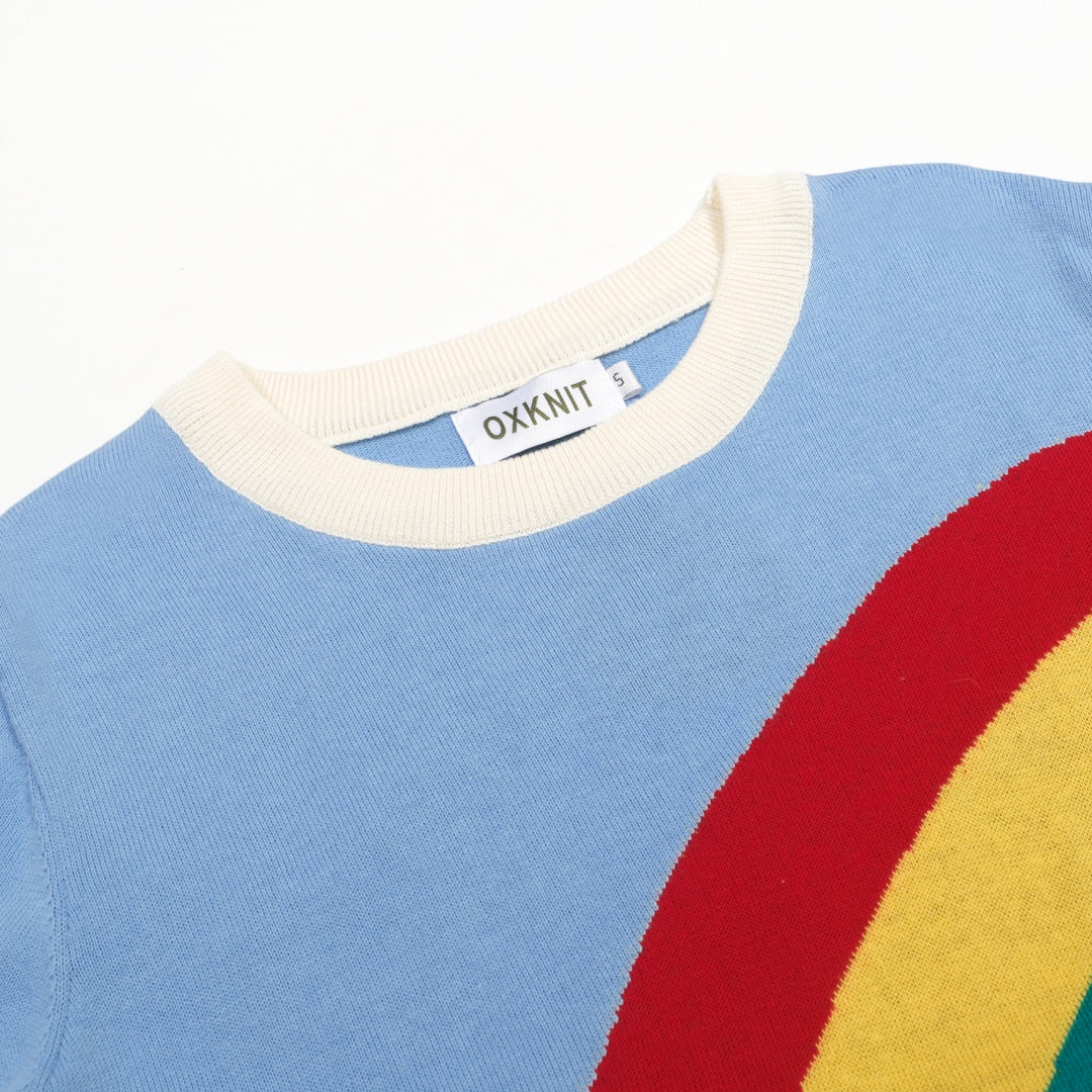Women's Blue 70s Playful Rainbow Jacquard Knit T-Shirt