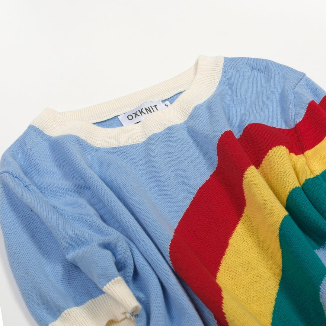 Women's Blue 70s Playful Rainbow Jacquard Knit T-Shirt