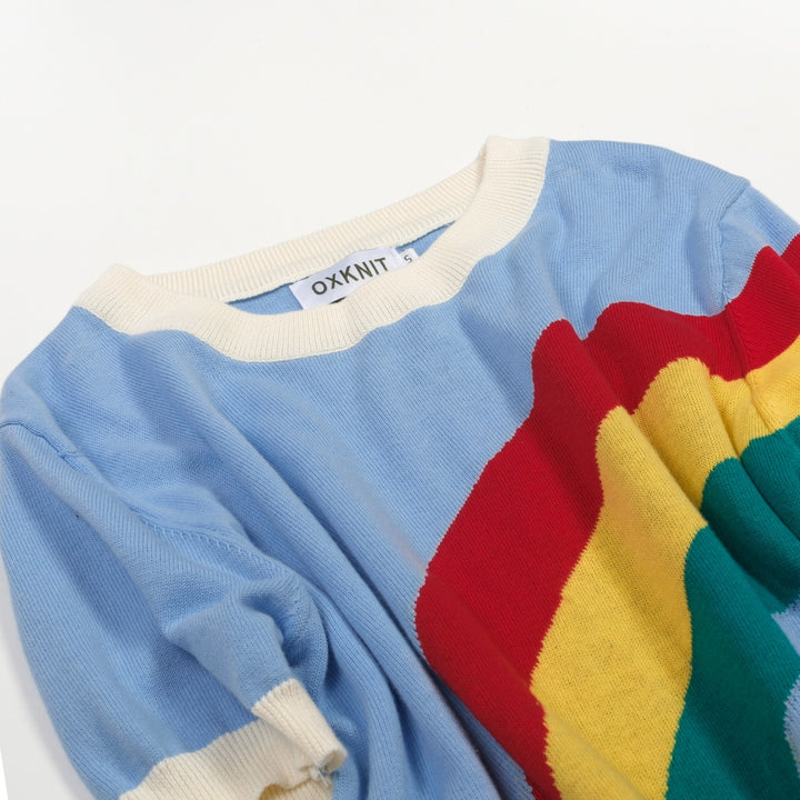 Women's Blue 70s Playful Rainbow Jacquard Knit T-Shirt