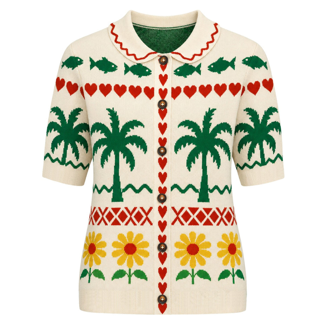 Svart fågelkonst Jacquard Stickad T-shirt för kvinnor