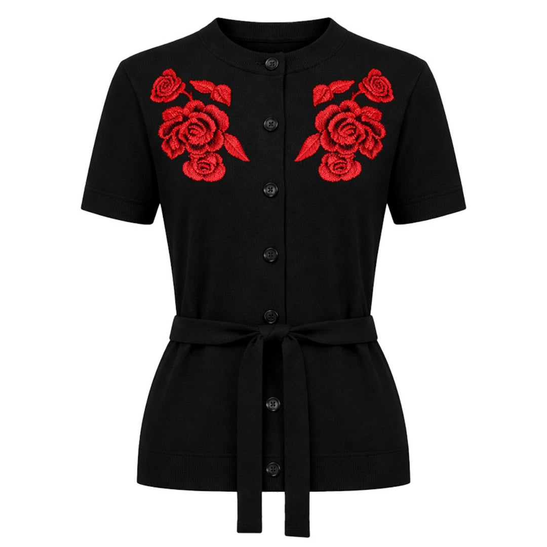 Dames Zwarte Retro Gebreide Vest met Geborduurde Bloemen en Strik