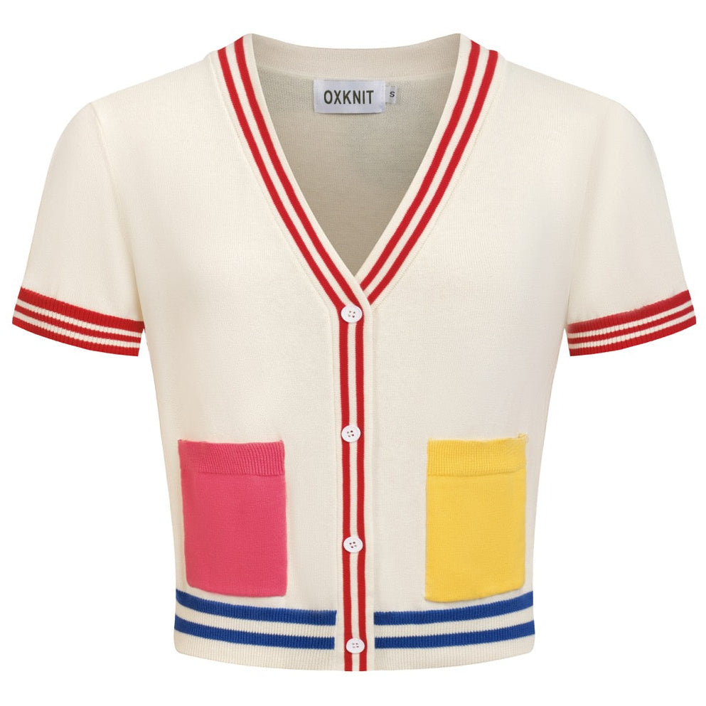 Women's Colorful Collegiate Retro Style Knit Cardigan - Cropped Length