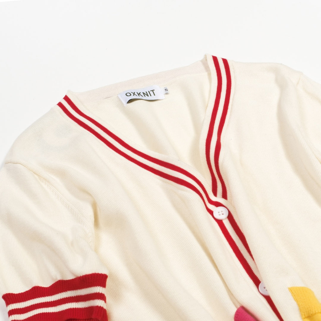 Women's Colorful Collegiate Retro Style Knit Cardigan - Cropped Length