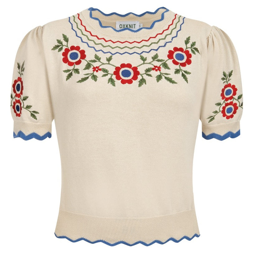 Damen Apricot Folk Besticktes Retro-Stricktop T-Shirt – Kurze Länge