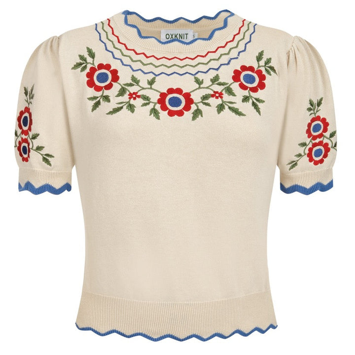 Damen Apricot Folk Besticktes Retro-Stricktop T-Shirt – Kurze Länge