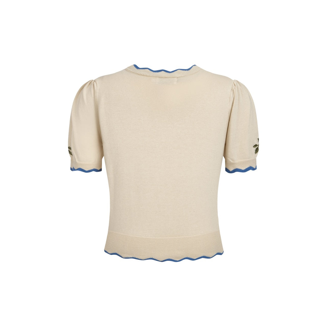 Damen Apricot Folk Besticktes Retro-Stricktop T-Shirt – Kurze Länge