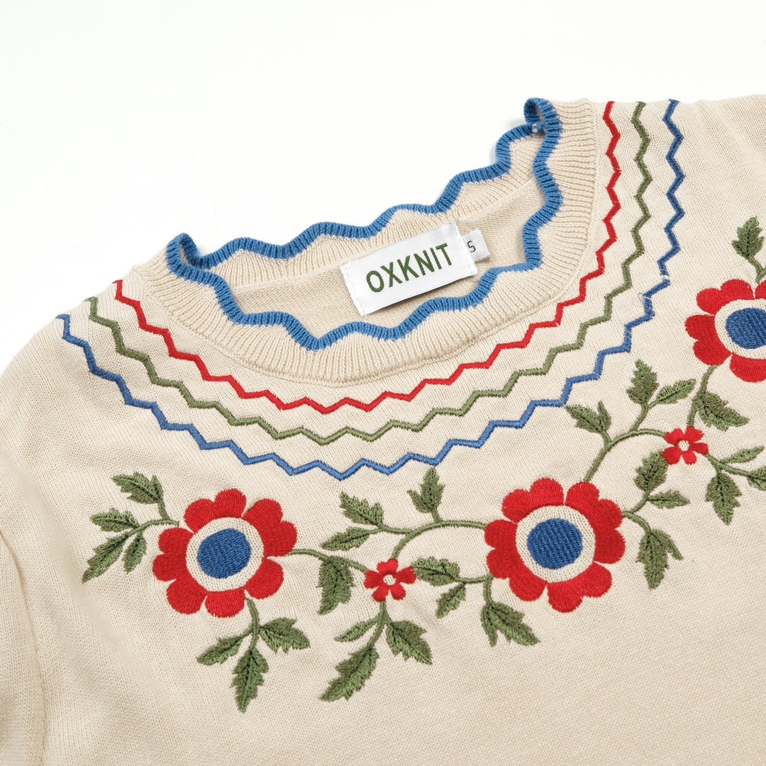 Damen Apricot Folk Besticktes Retro-Stricktop T-Shirt – Kurze Länge