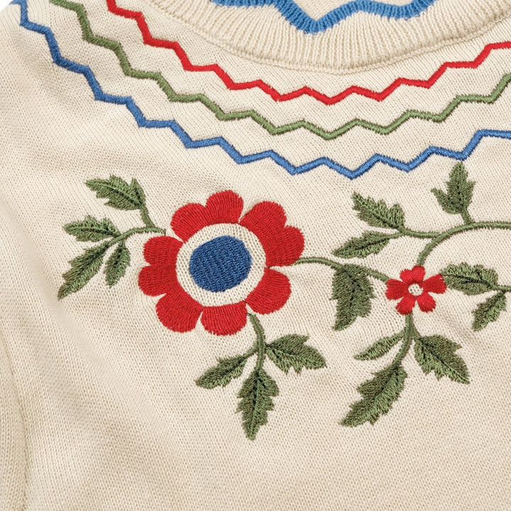 Damen Apricot Folk Besticktes Retro-Stricktop T-Shirt – Kurze Länge