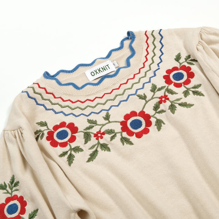 Damen Apricot Folk Besticktes Retro-Stricktop T-Shirt – Kurze Länge