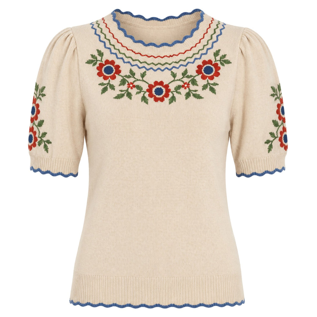 Women's Apricot Folk Embroidered Retro Style Knit Top T-Shirt