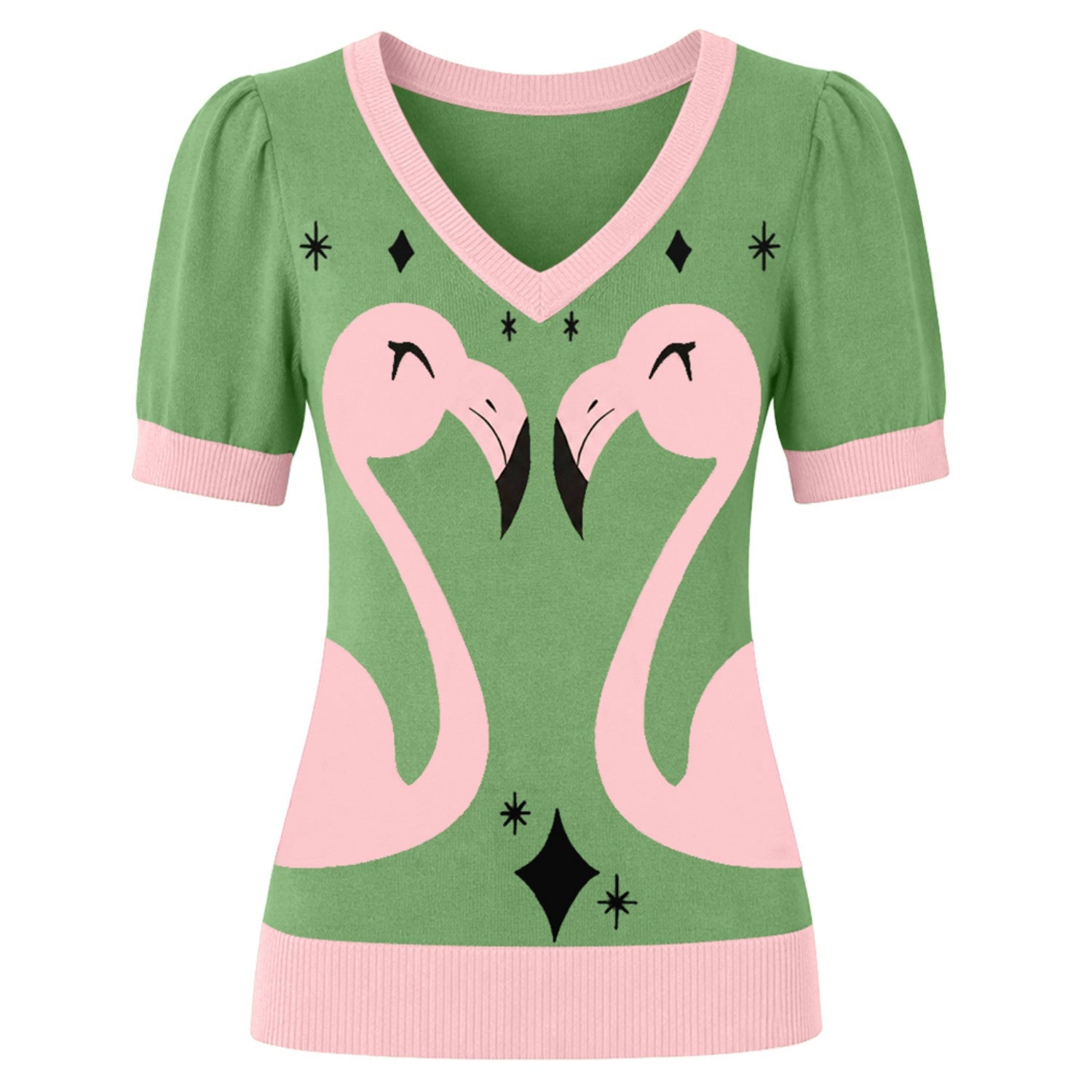 Women's Green Flamingo Jacquard Knit T-Shirt - Designed by Tala